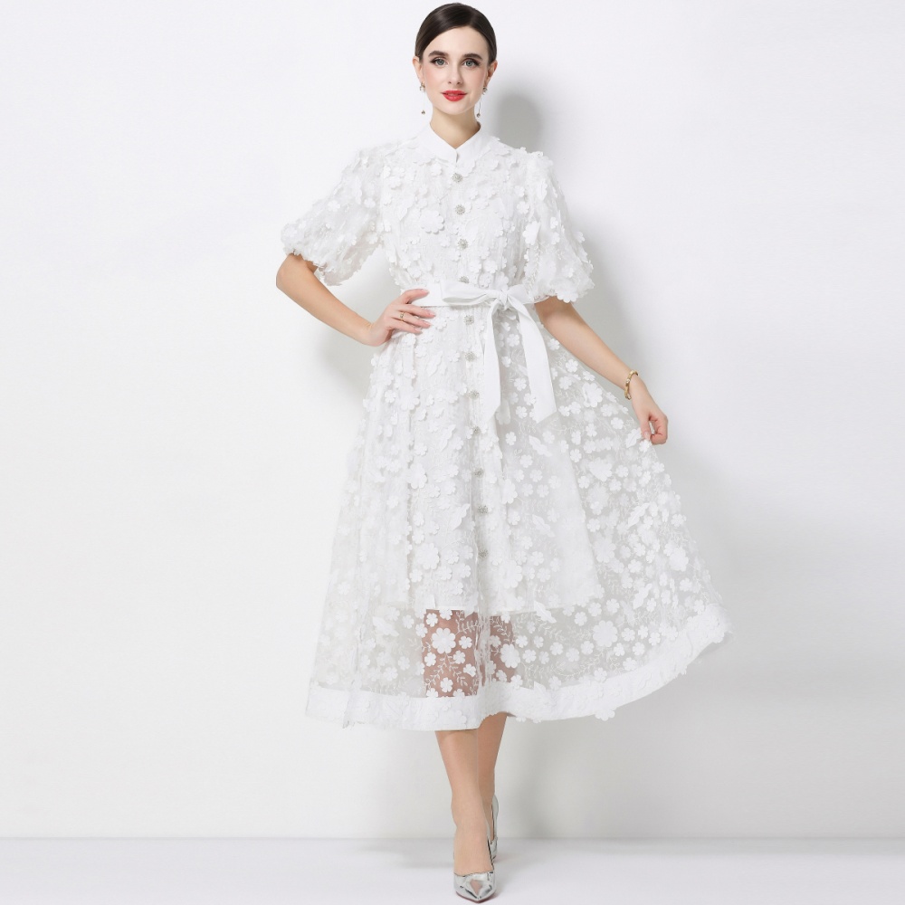 Romantic style slim flowers embroidery elegant dress