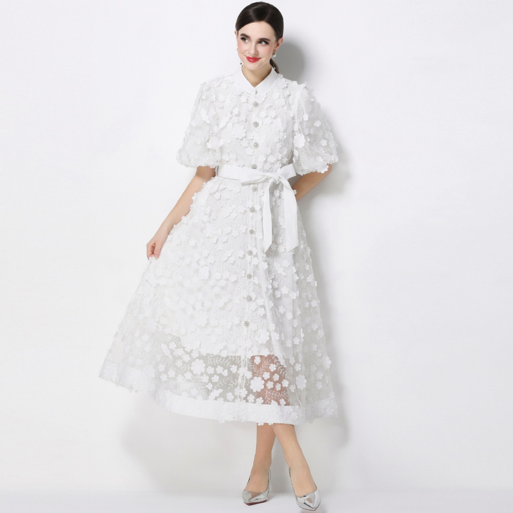 Romantic style slim flowers embroidery elegant dress