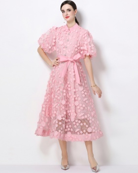 Embroidery cstand collar romantic style dress