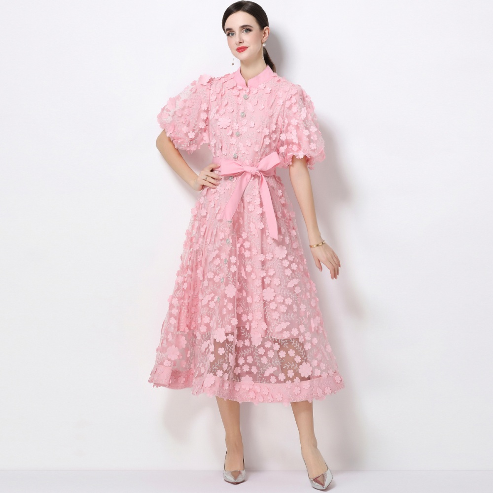 Embroidery cstand collar romantic style dress
