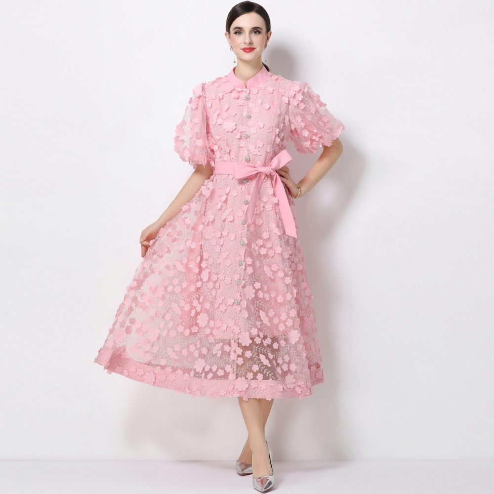 Embroidery cstand collar romantic style dress