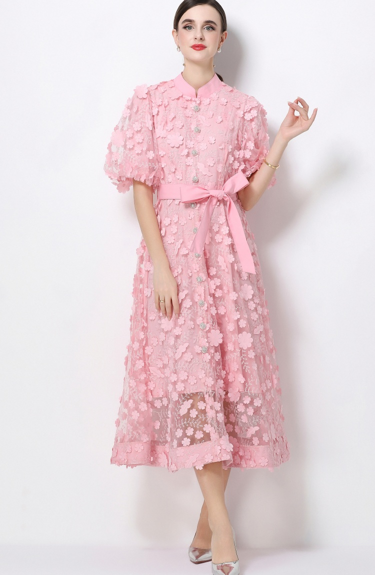 Embroidery cstand collar romantic style dress