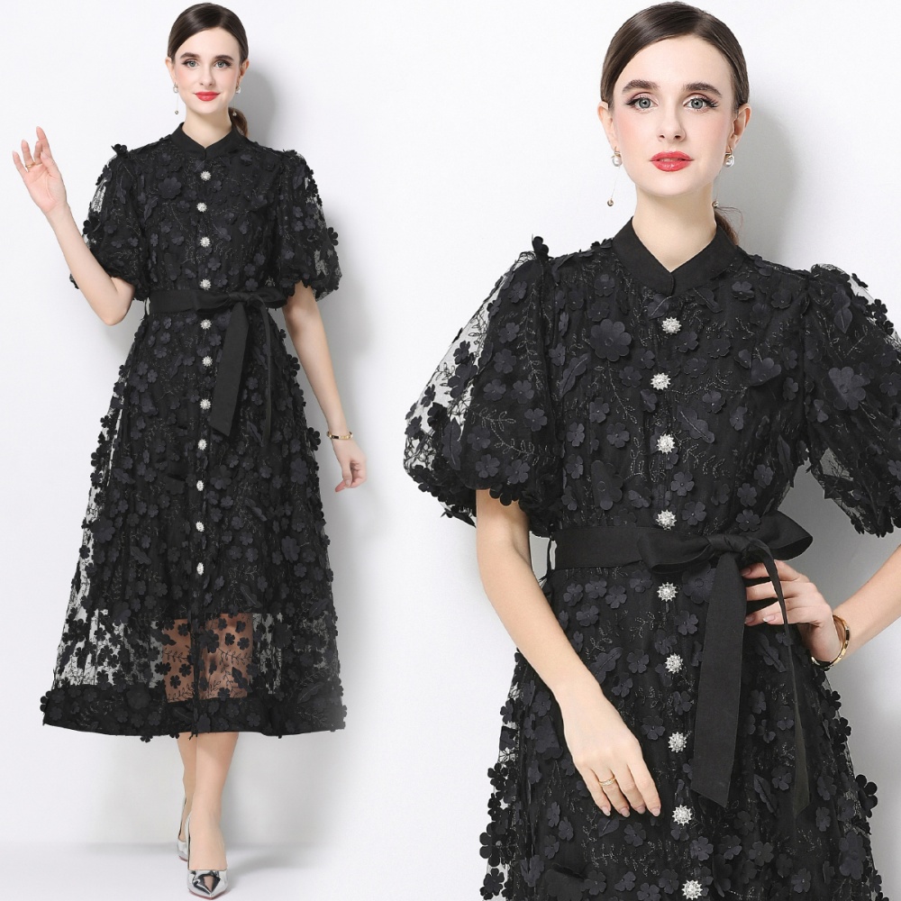 Cstand collar long sleeve romantic style slim elegant dress