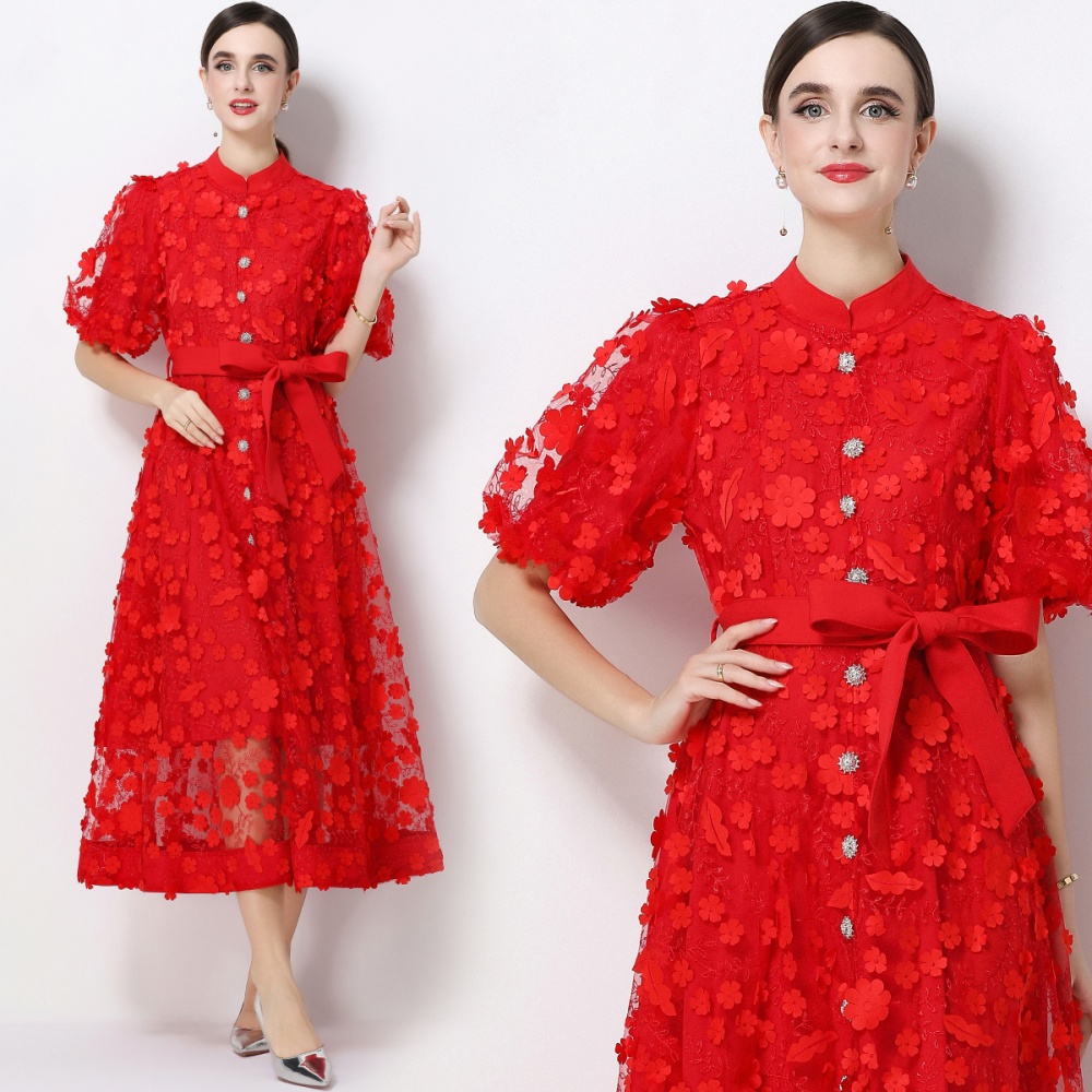 Stereoscopic A-line elegant long sleeve slim dress