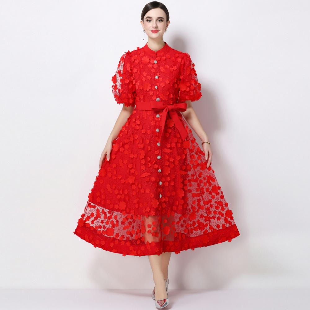 Stereoscopic A-line elegant long sleeve slim dress