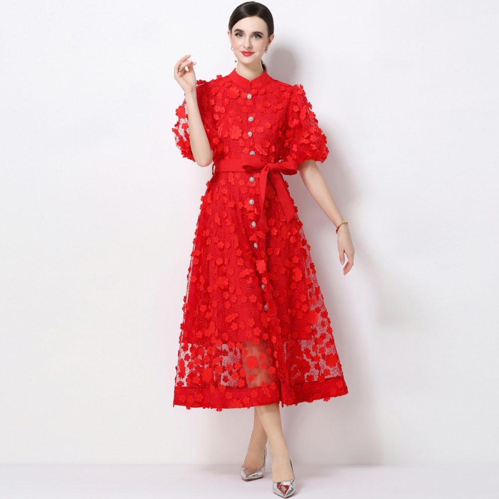 Stereoscopic A-line elegant long sleeve slim dress