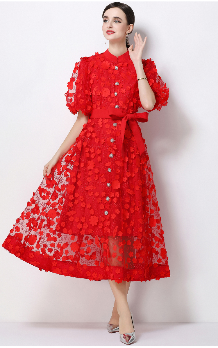 Stereoscopic A-line elegant long sleeve slim dress