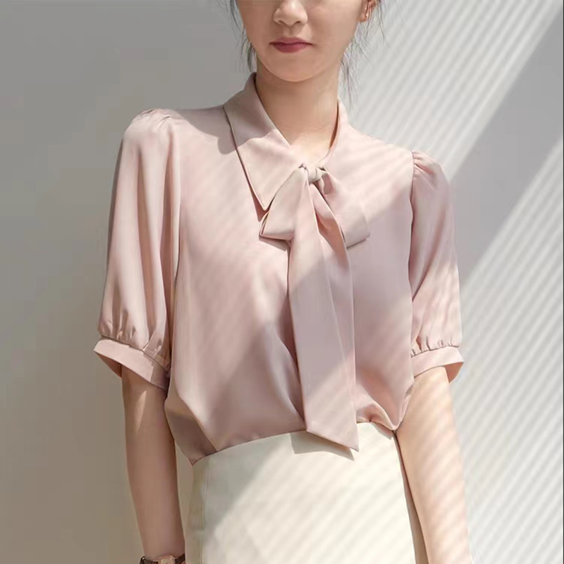 Pink streamer short sleeve sweet tender drape shirt for women