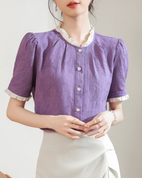 Commuting wood ear short sleeve tops summer purple shirt