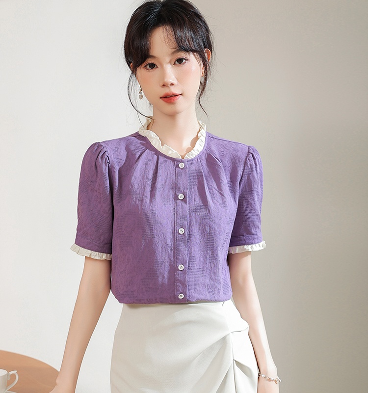 Commuting wood ear short sleeve tops summer purple shirt