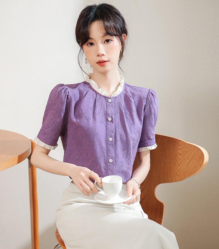 Commuting wood ear short sleeve tops summer purple shirt