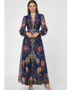 Spring and summer retro shirt long flowers dress