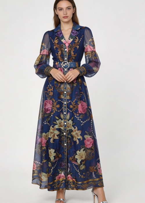 Spring and summer retro shirt long flowers dress