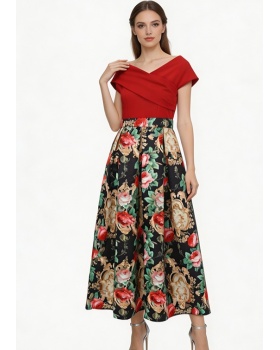 Flat shoulder spring and summer formal dress retro dress