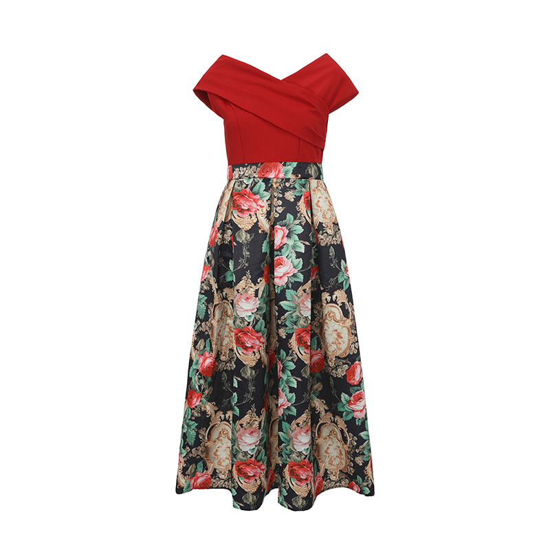 Flat shoulder spring and summer formal dress retro dress