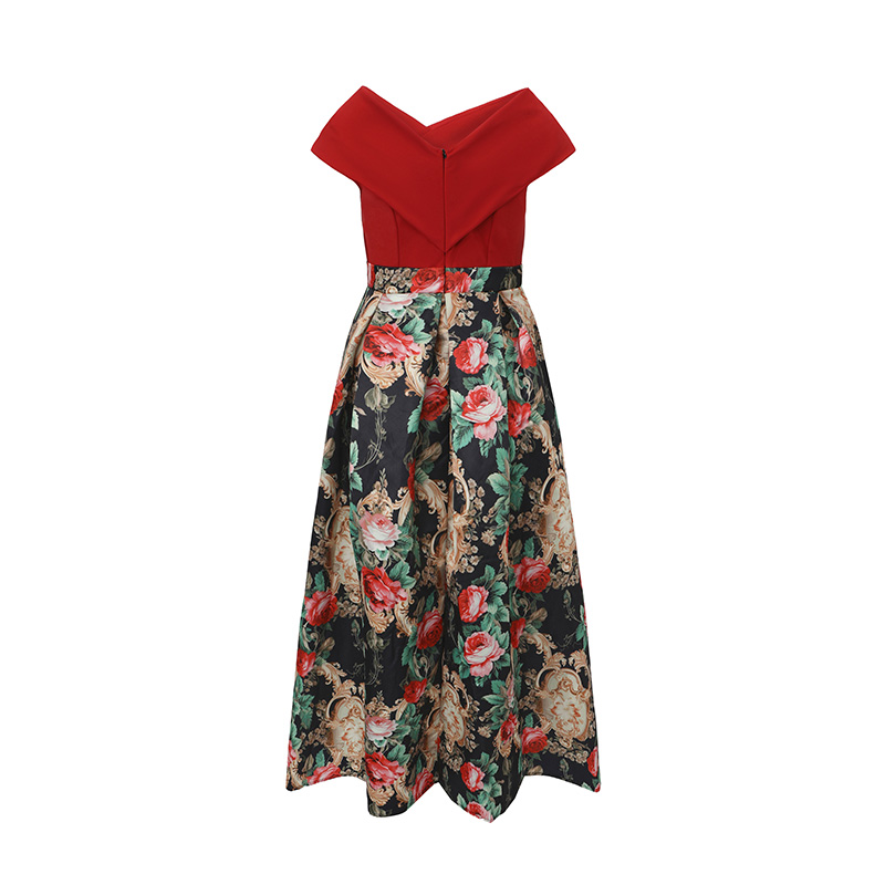 Flat shoulder spring and summer formal dress retro dress