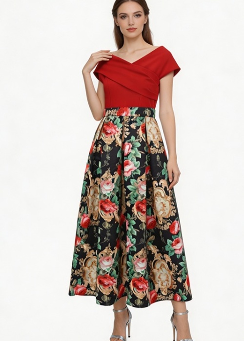 Flat shoulder spring and summer formal dress retro dress