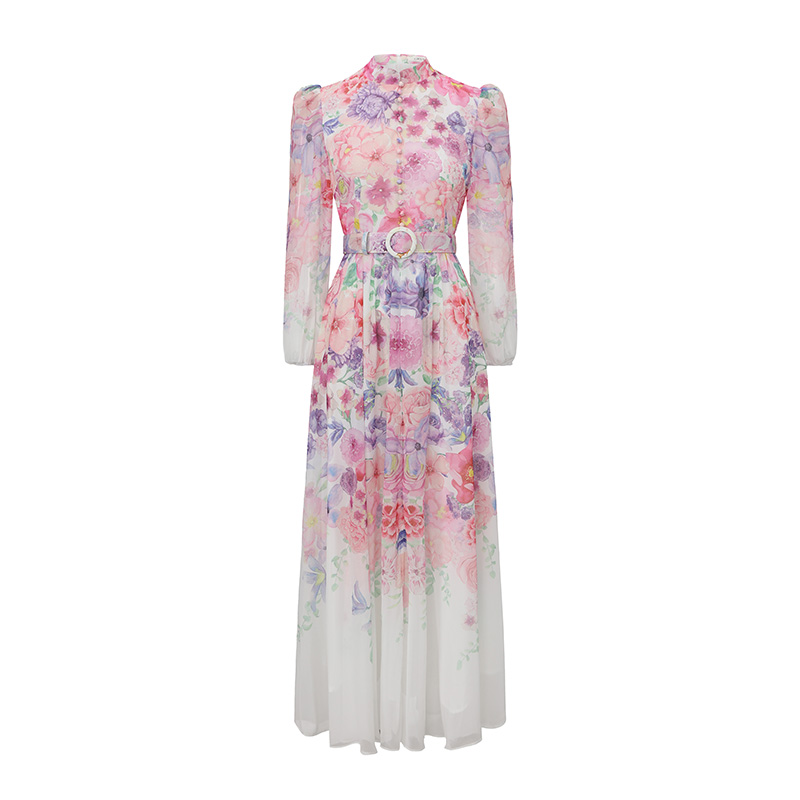 Flowers cstand collar spring and summer puff sleeve dress