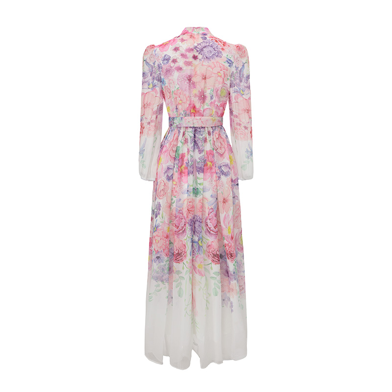 Flowers cstand collar spring and summer puff sleeve dress