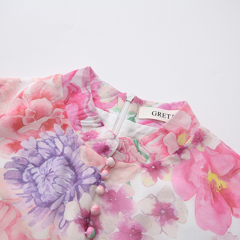 Flowers cstand collar spring and summer puff sleeve dress