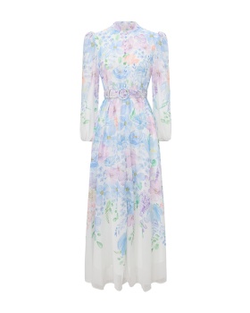 Flowers puff sleeve spring and summer cstand collar dress