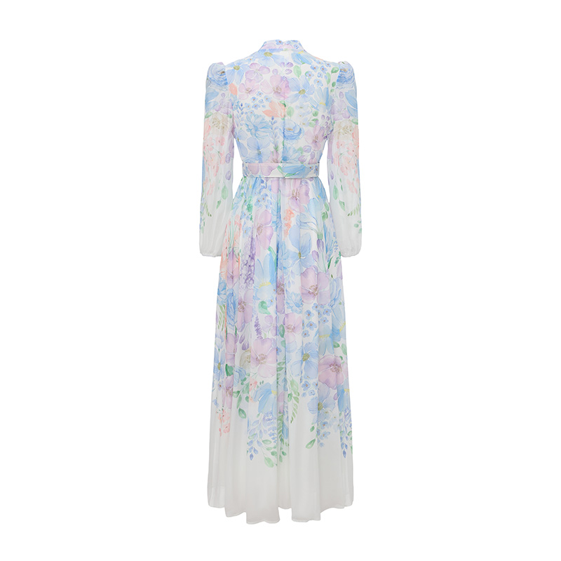 Flowers puff sleeve spring and summer cstand collar dress