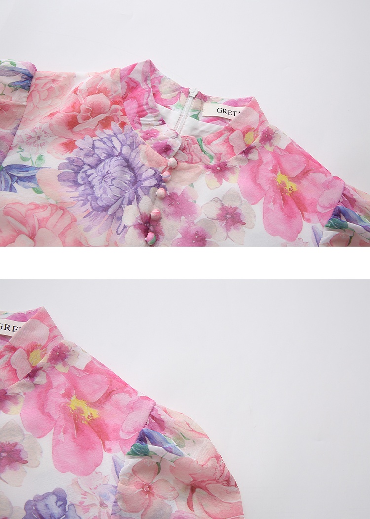 Flowers puff sleeve spring and summer cstand collar dress