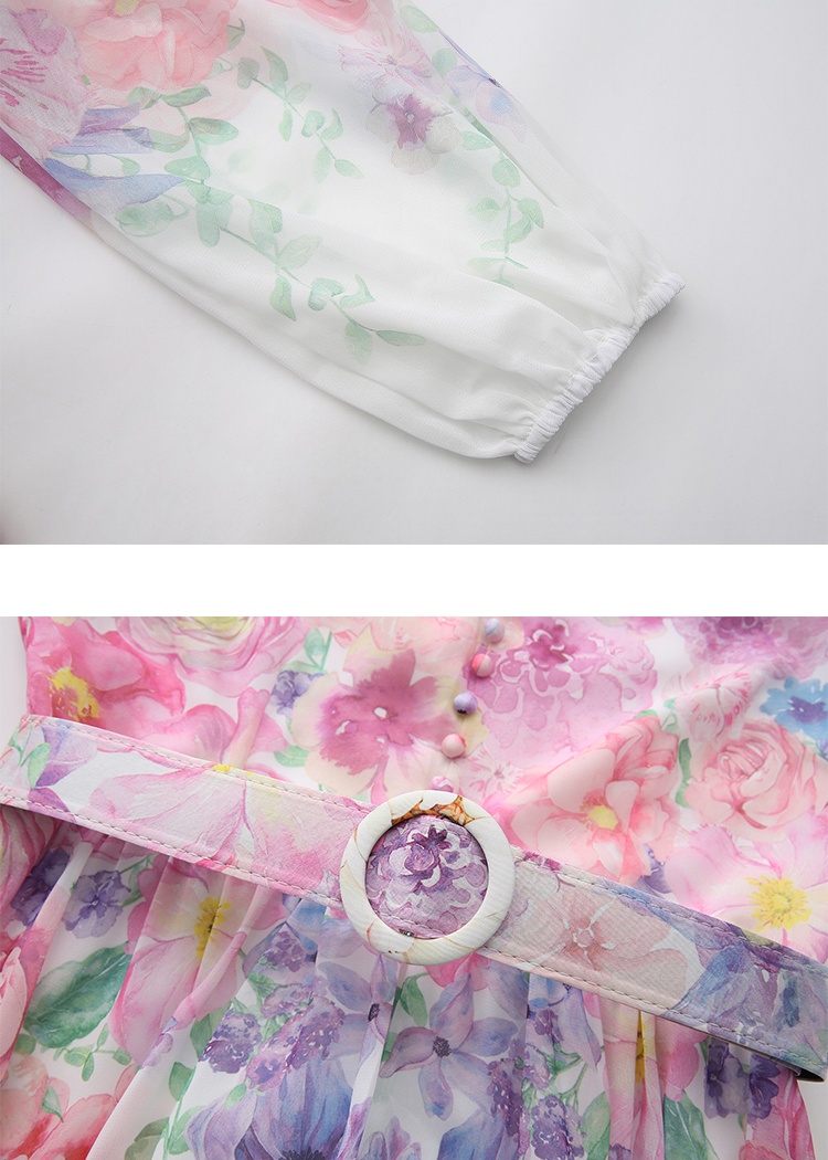 Flowers puff sleeve spring and summer cstand collar dress