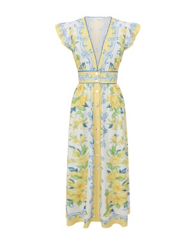 Vacation boats sleeve temperament printing long V-neck dress
