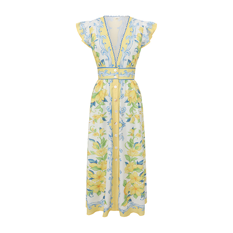 Vacation boats sleeve temperament printing long V-neck dress