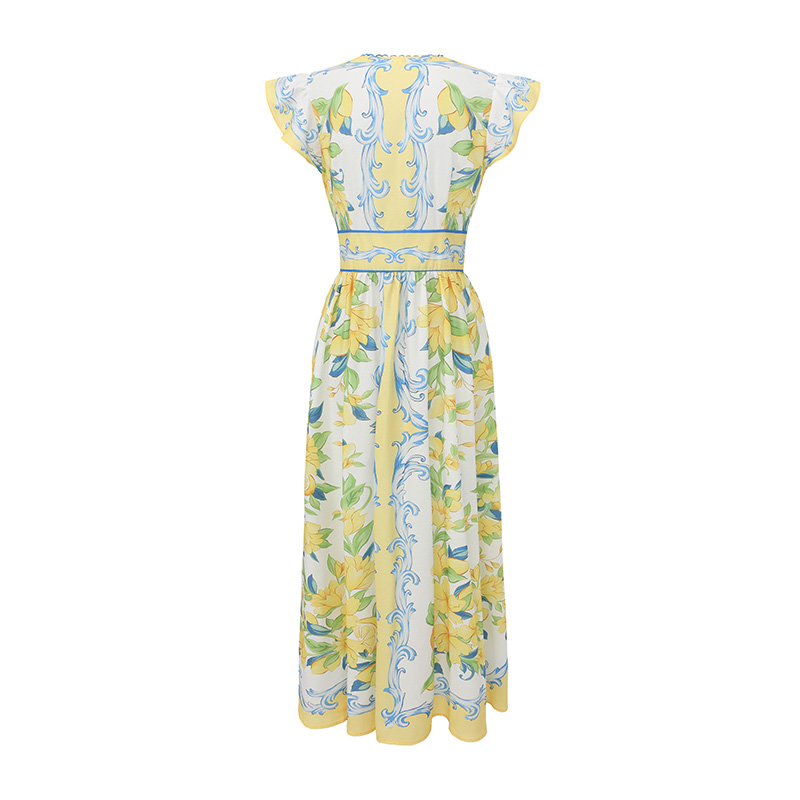 Vacation boats sleeve temperament printing long V-neck dress