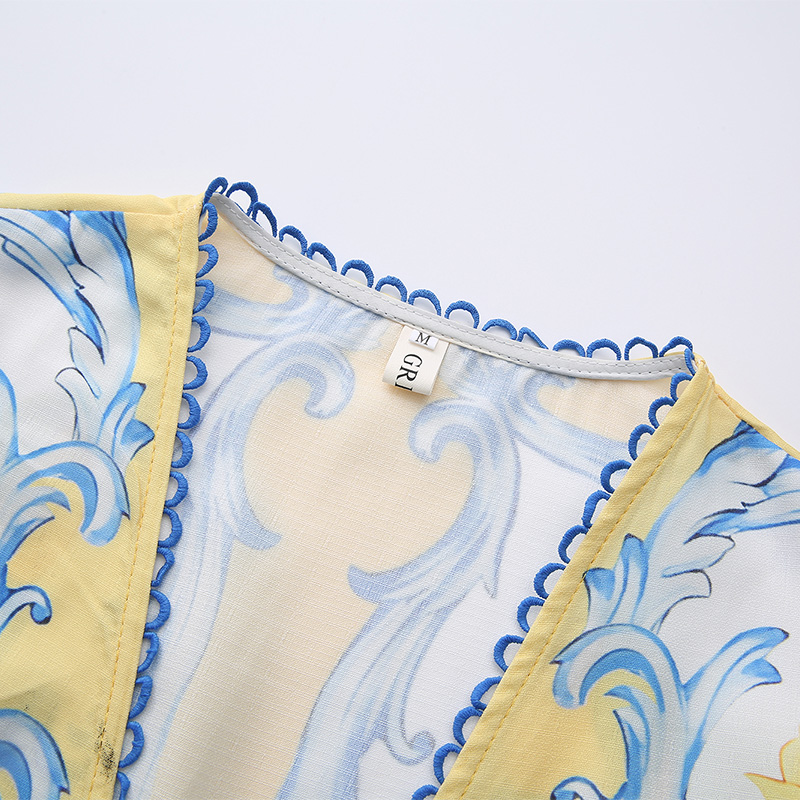 Vacation boats sleeve temperament printing long V-neck dress