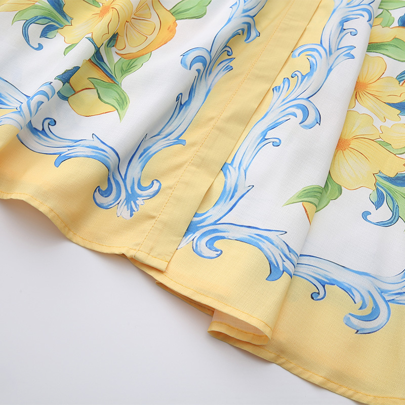 Vacation boats sleeve temperament printing long V-neck dress