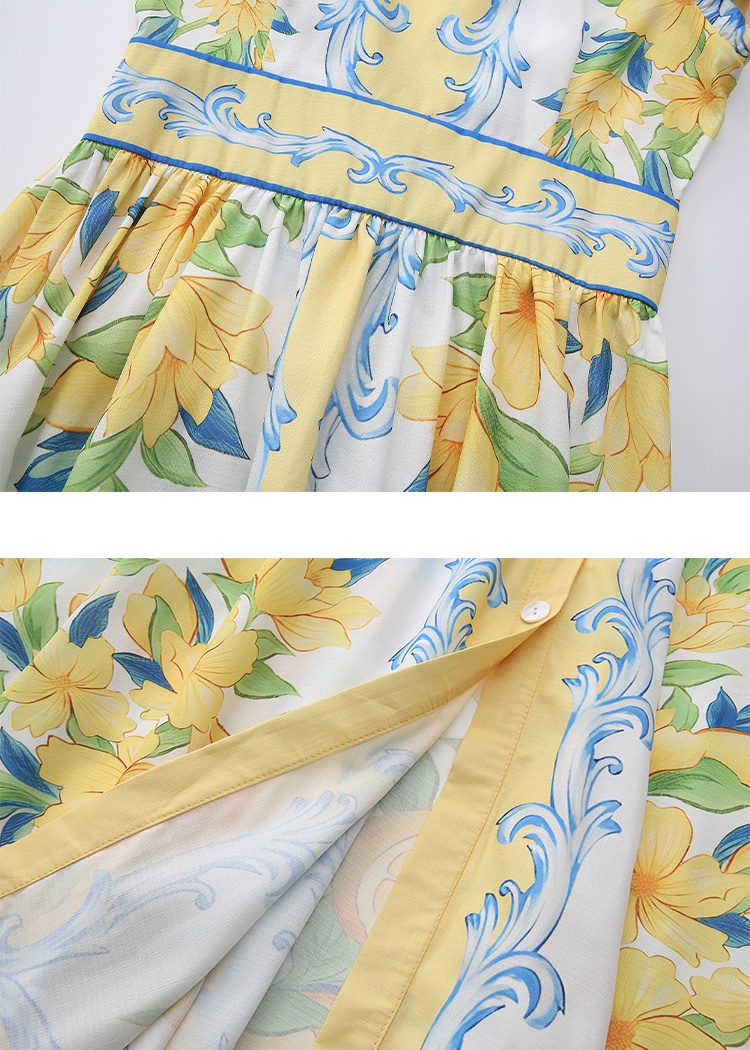 Vacation boats sleeve temperament printing long V-neck dress