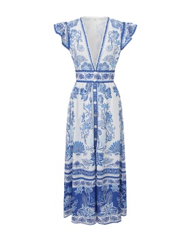 V-neck spring printing temperament long vacation dress