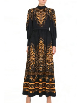 Retro big skirt national style long cstand collar dress