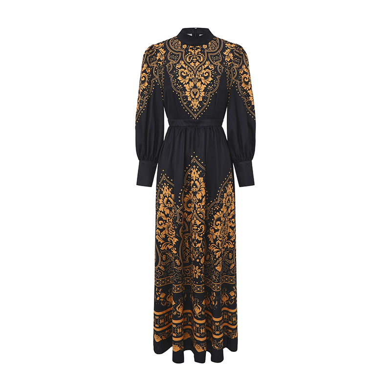 Retro big skirt national style long cstand collar dress