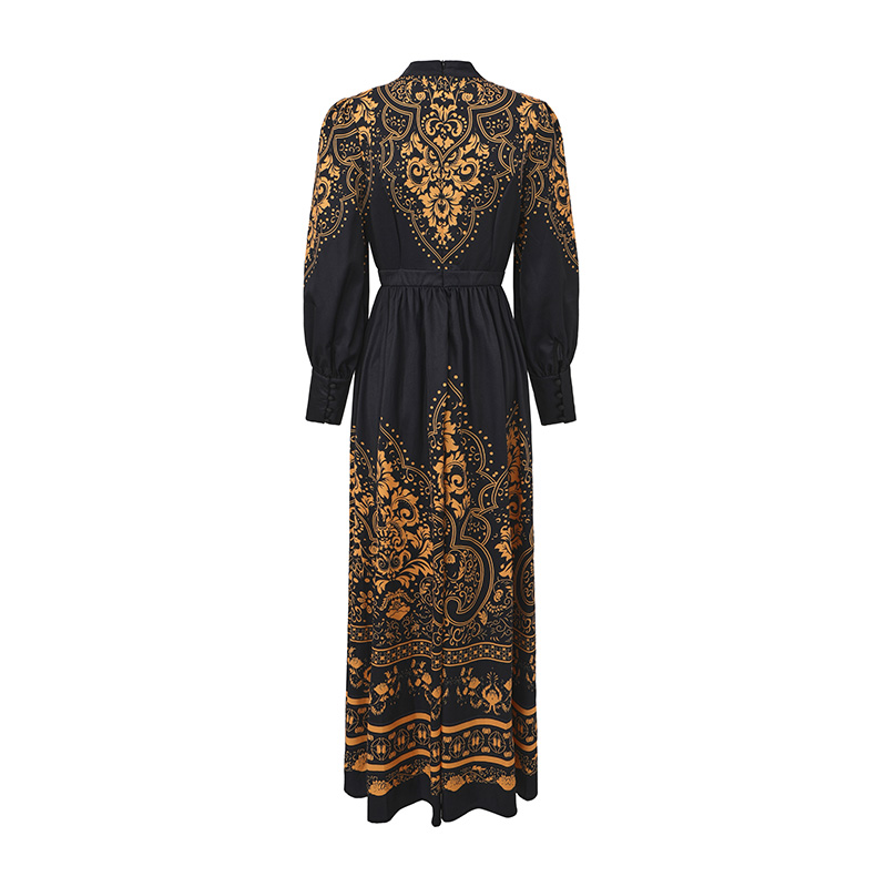 Retro big skirt national style long cstand collar dress