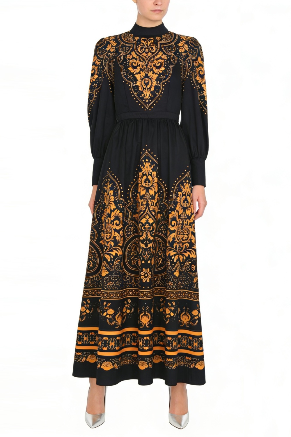 Retro big skirt national style long cstand collar dress