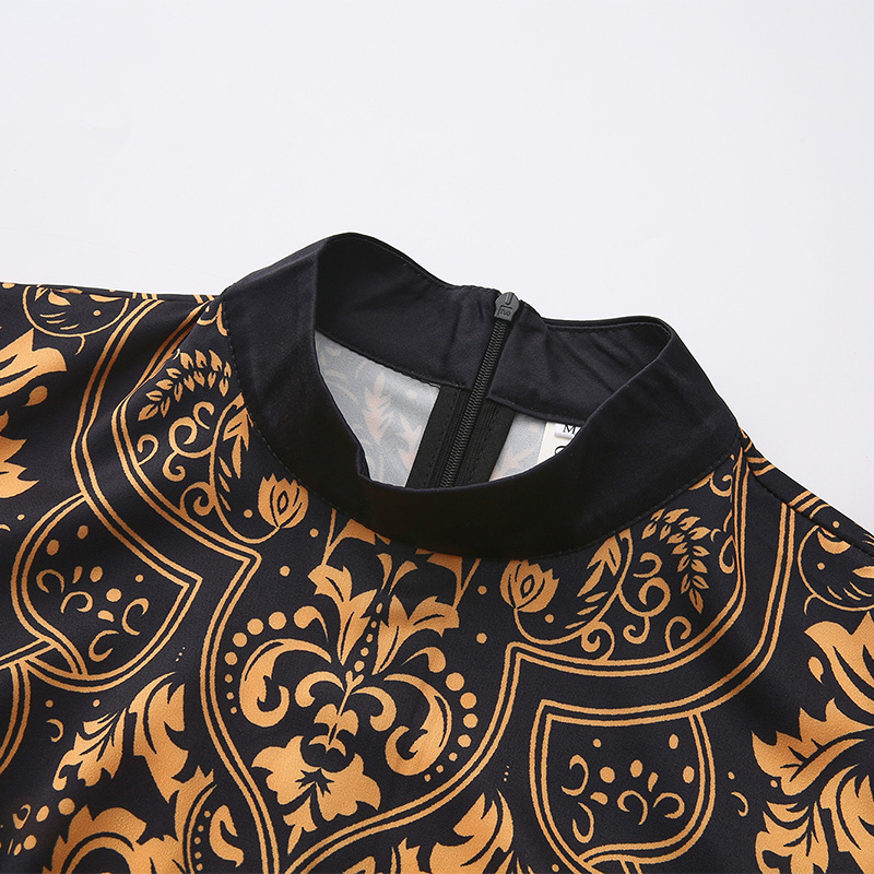 Retro big skirt national style long cstand collar dress