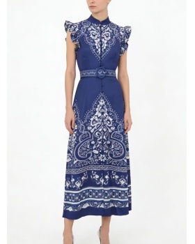 Cstand collar temperament printing big skirt dress