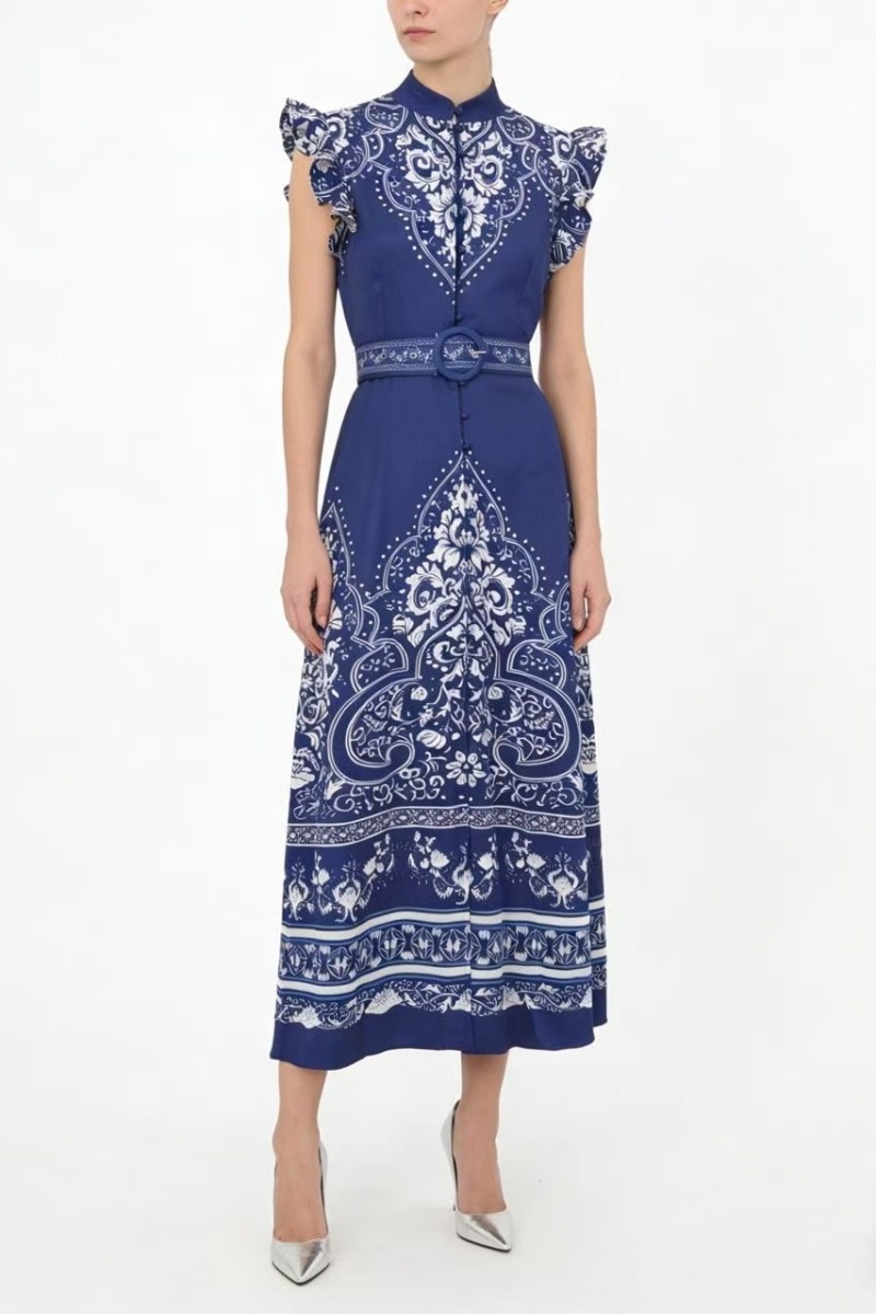 Cstand collar temperament printing big skirt dress