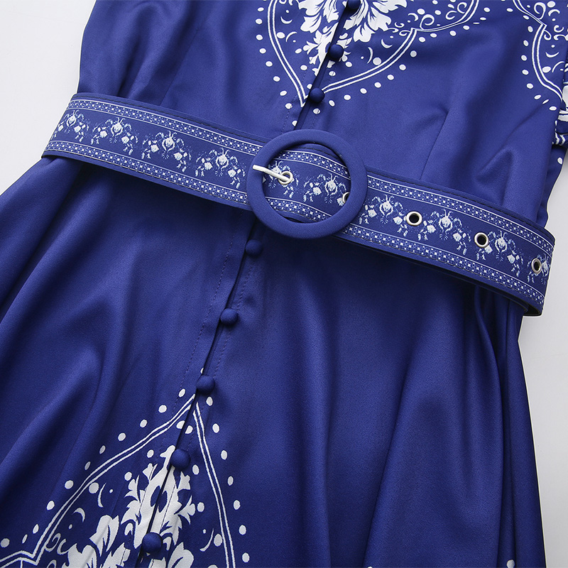 Cstand collar temperament printing big skirt dress