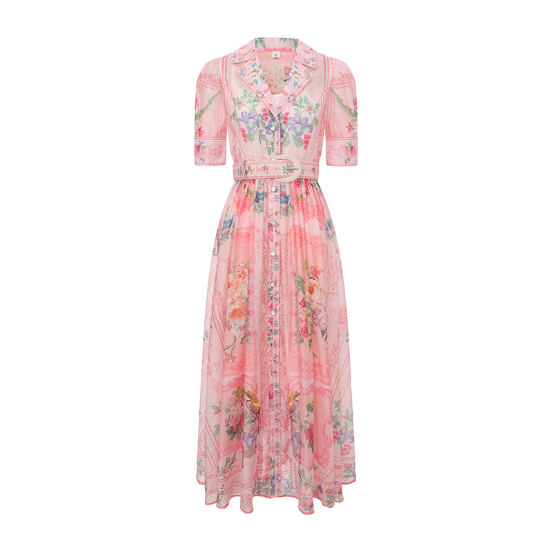 Retro printing spring shirt long court style dress