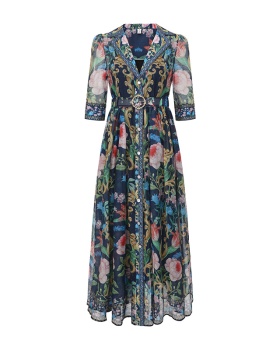 Spring retro long dress printing court style shirt