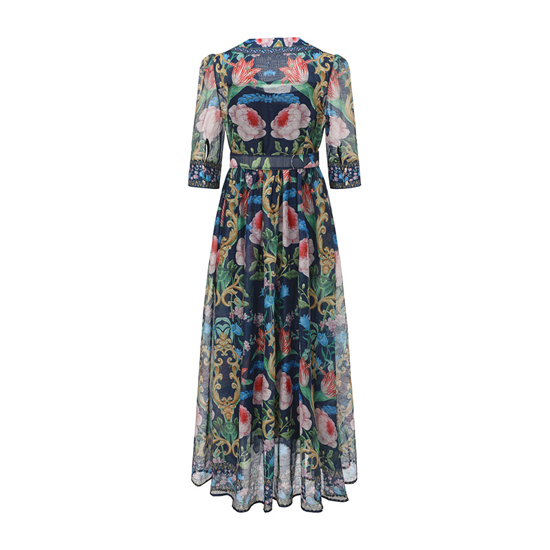 Spring retro long dress printing court style shirt
