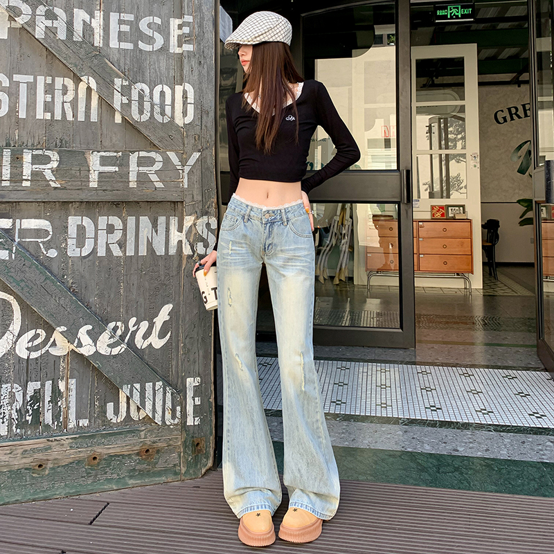 Lace loose flare pants splice American style long pants