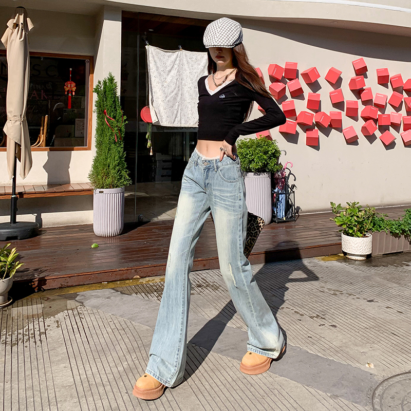 Lace loose flare pants splice American style long pants