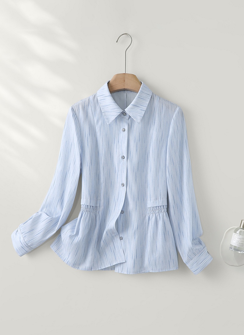 Splice simple pinched waist slim elastic shirt for women