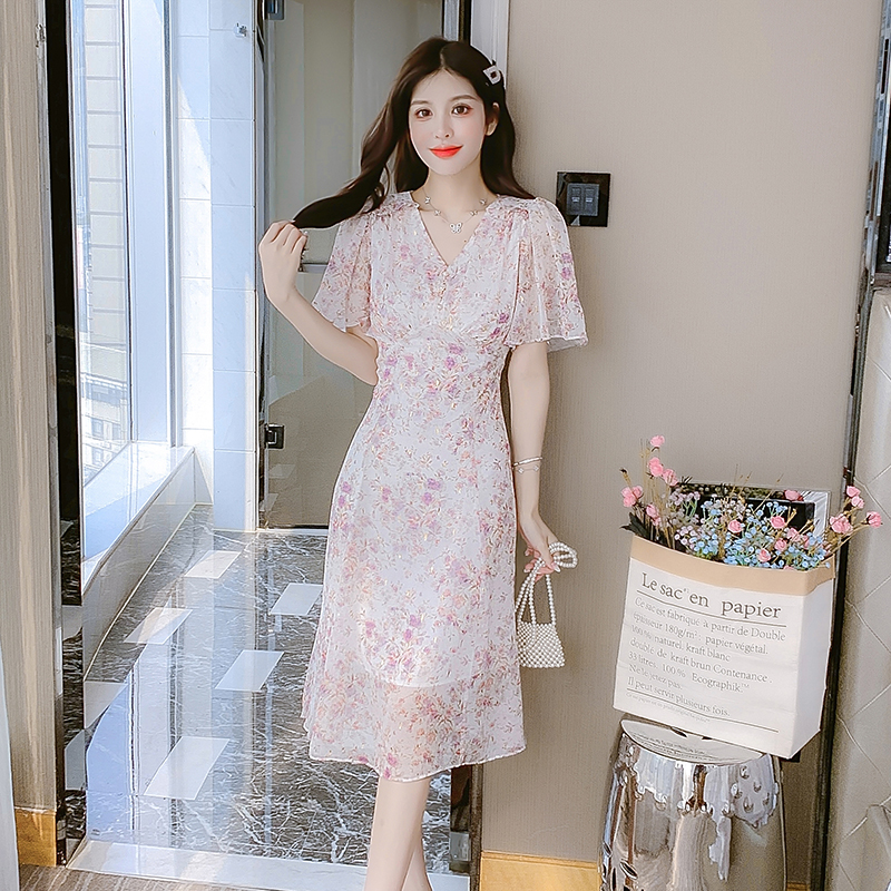 Romantic France style chiffon floral refreshing dress